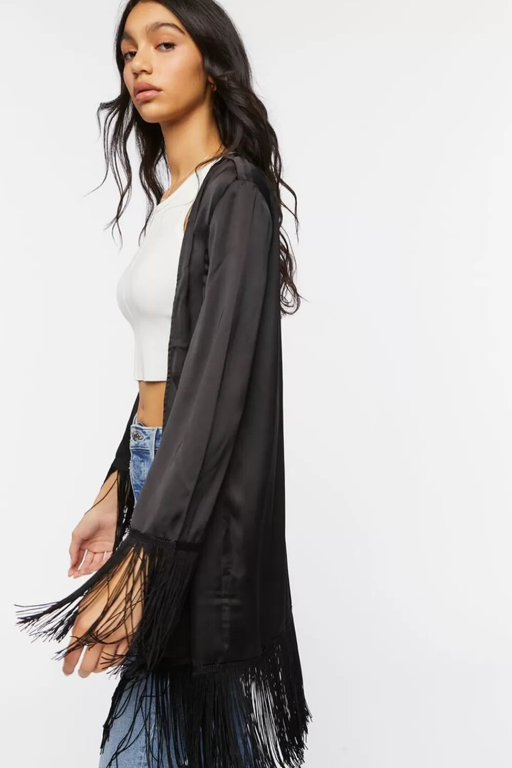 Jackets + Outerwear>Forever 21 Satin Fringe-Trim Kimono Black