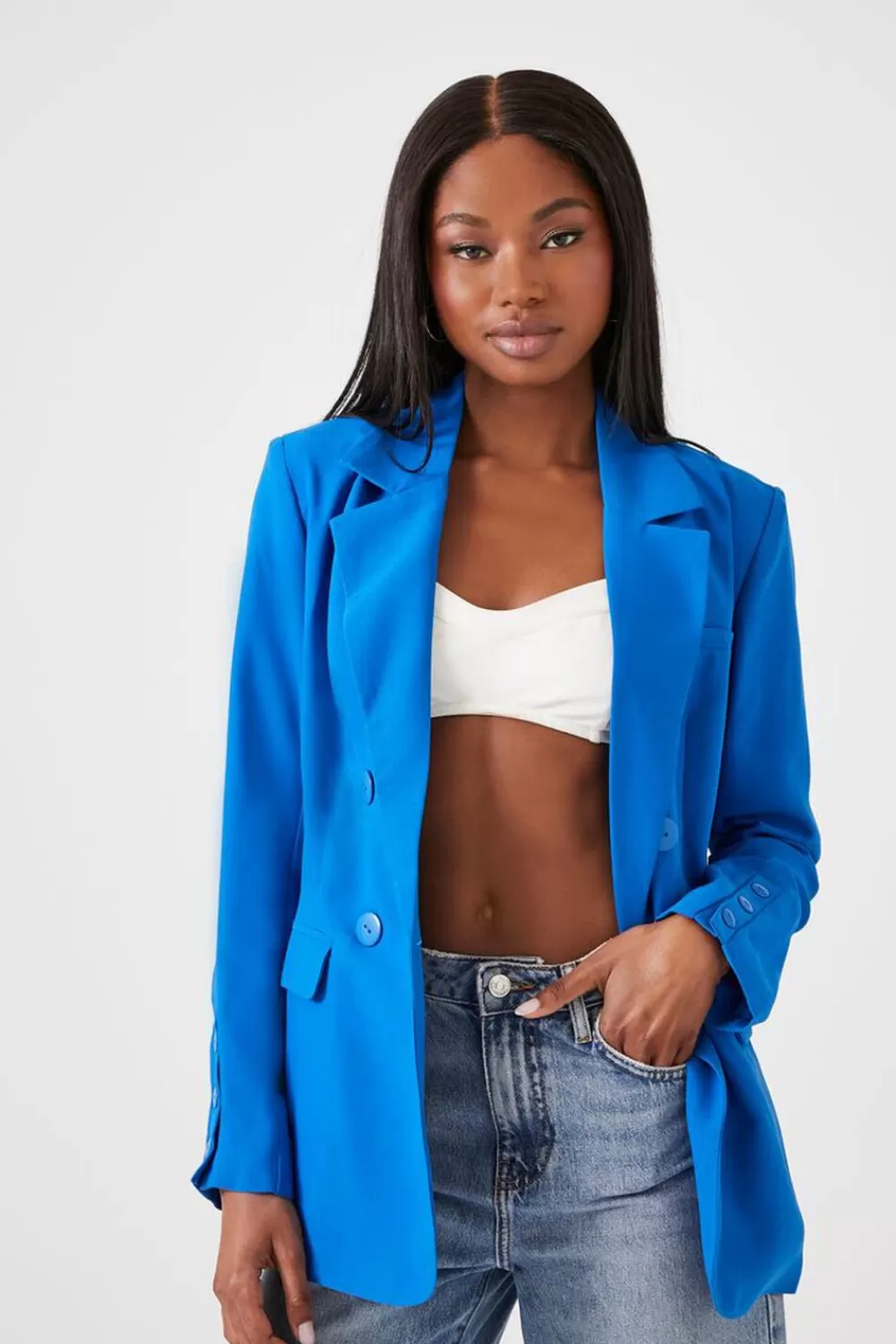 Jackets + Outerwear>Forever 21 Satin Notched Blazer Sapphire