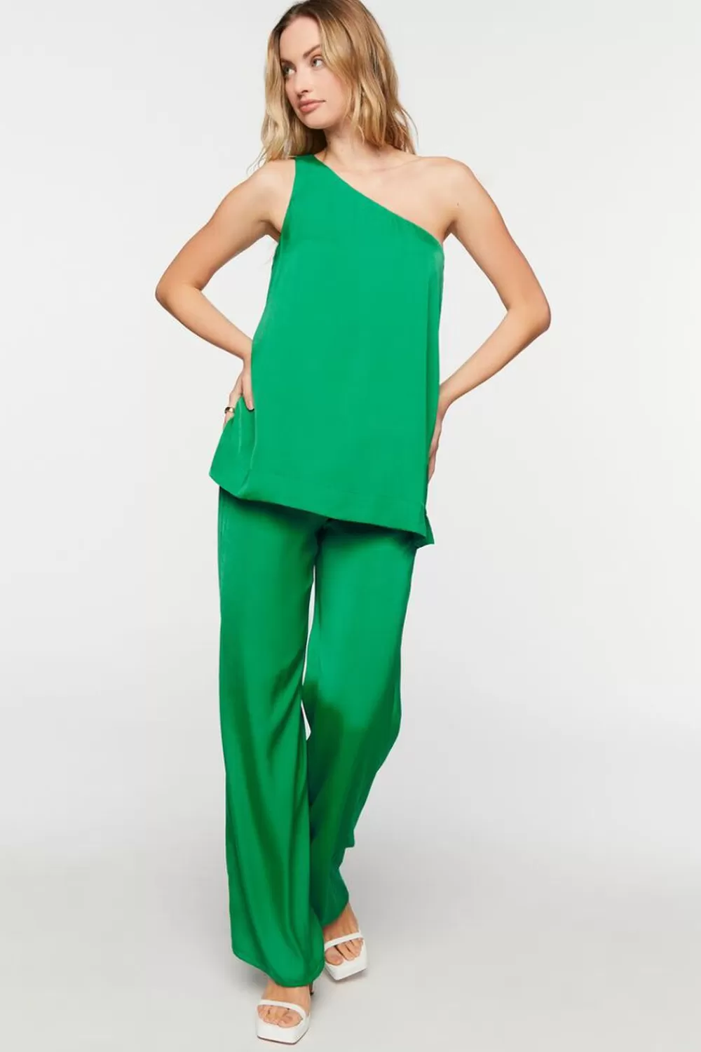 Forever 21 Satin One-Shoulder Top & Pants Set | Women Tops