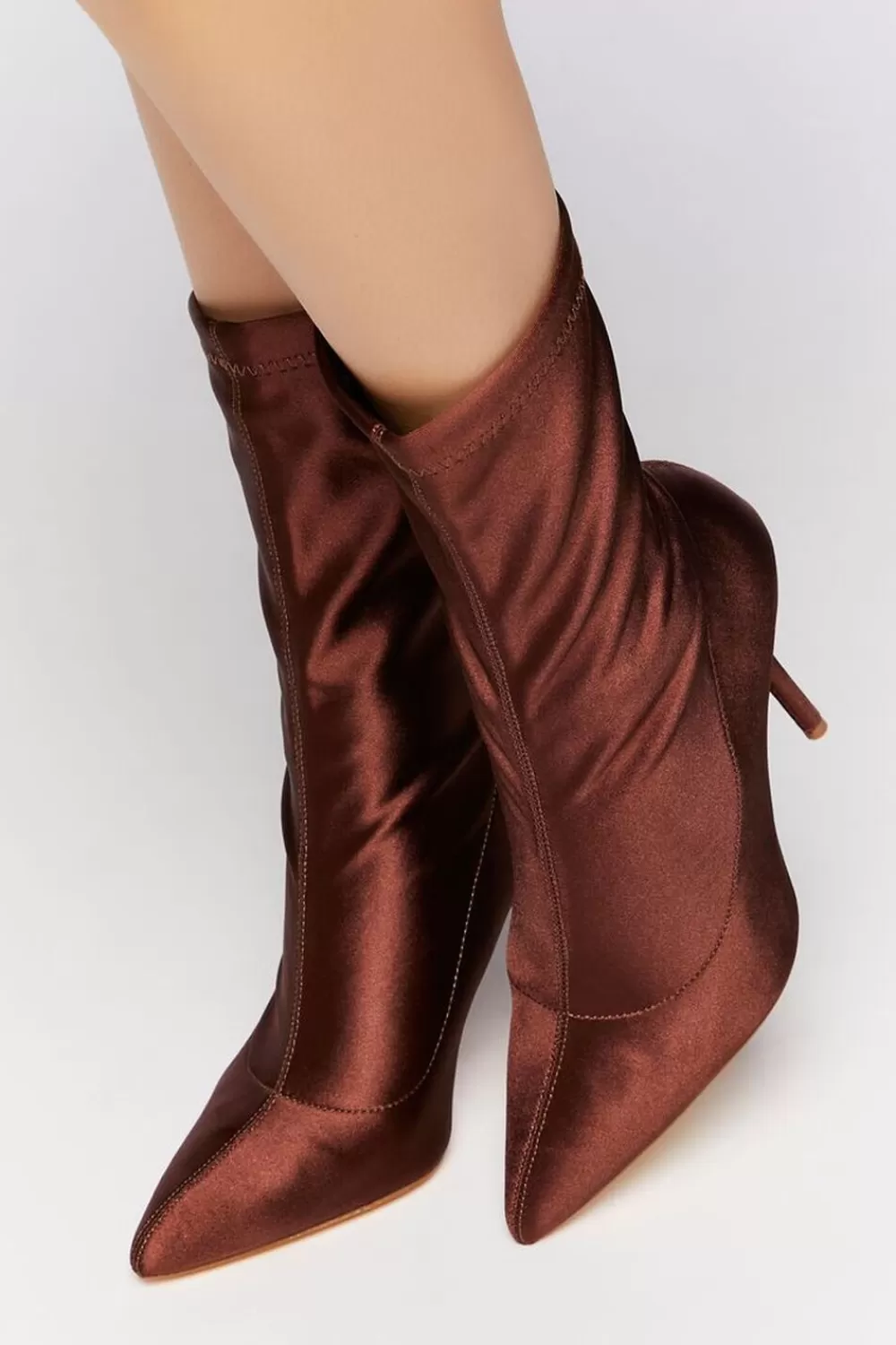 Boots + Booties>Forever 21 Satin Stiletto Sock Booties Brown