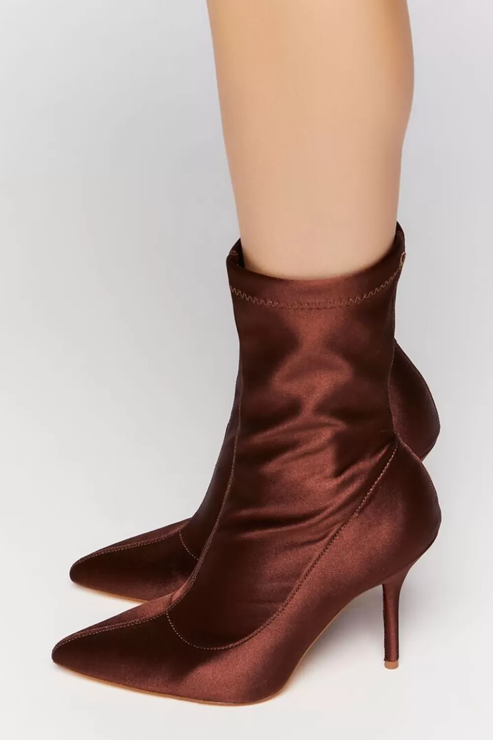 Boots + Booties>Forever 21 Satin Stiletto Sock Booties Brown