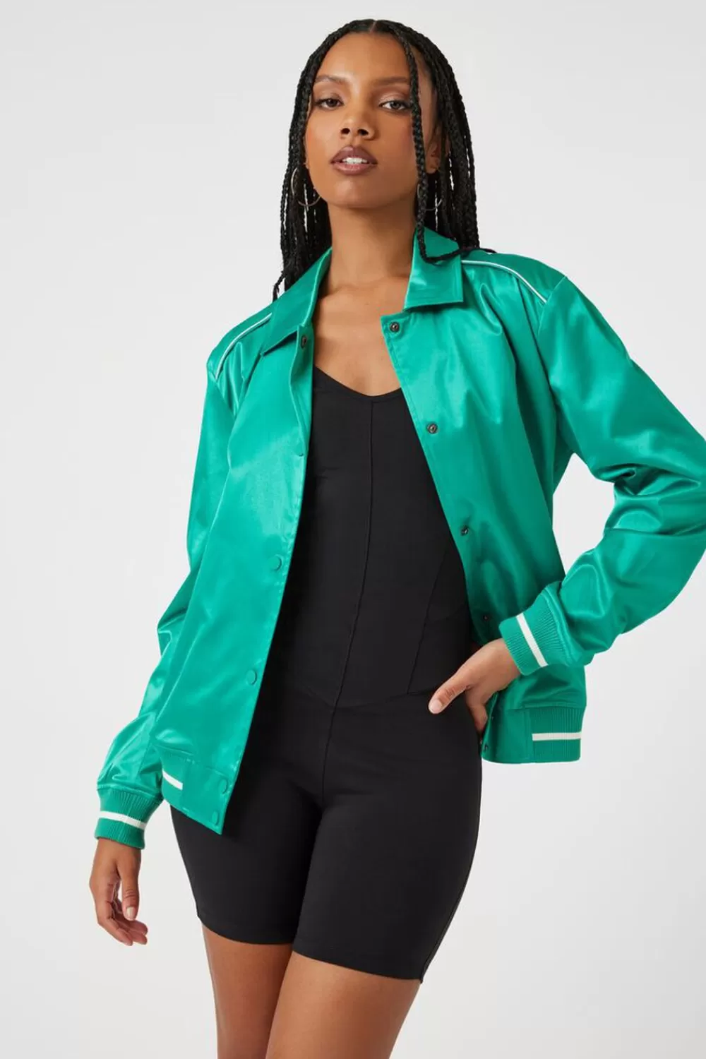 Jackets + Outerwear>Forever 21 Satin Varsity-Striped Bomber Jacket Latigo Bay