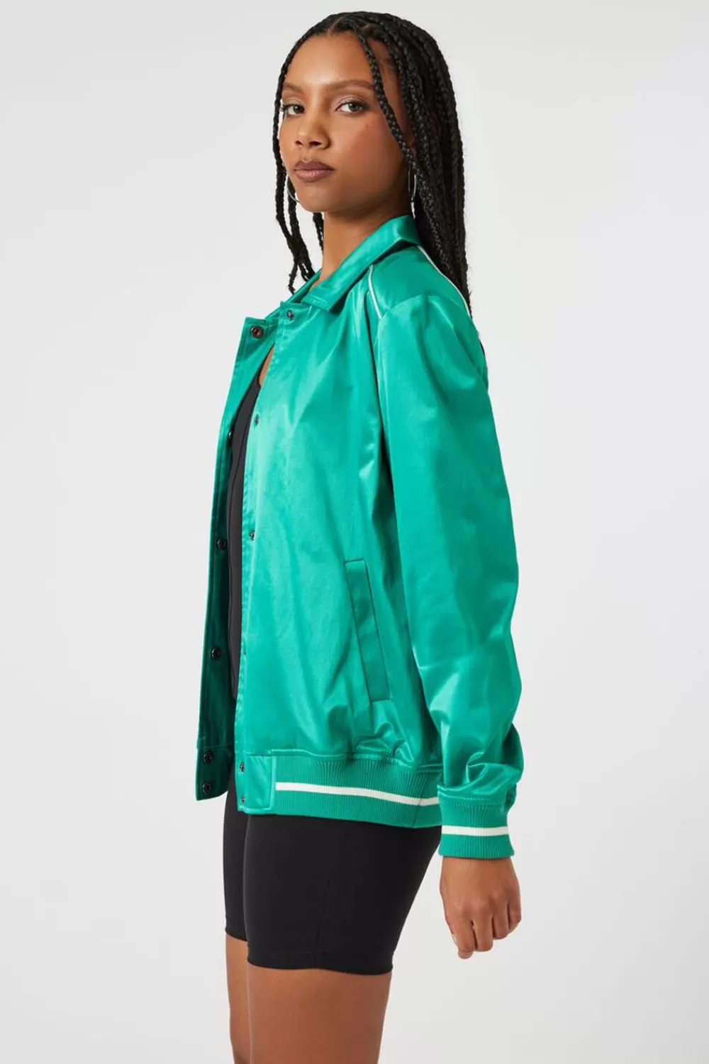 Jackets + Outerwear>Forever 21 Satin Varsity-Striped Bomber Jacket Latigo Bay