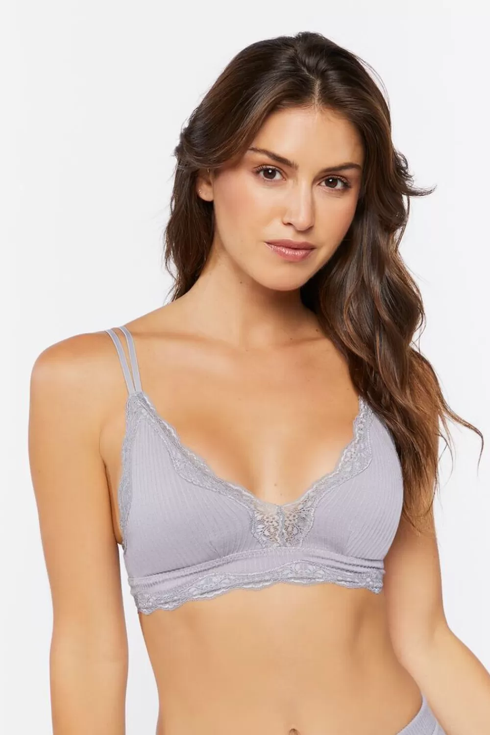 Matching Sets>Forever 21 Seamless Lace-Trim Lingerie Bralette Dark Grey