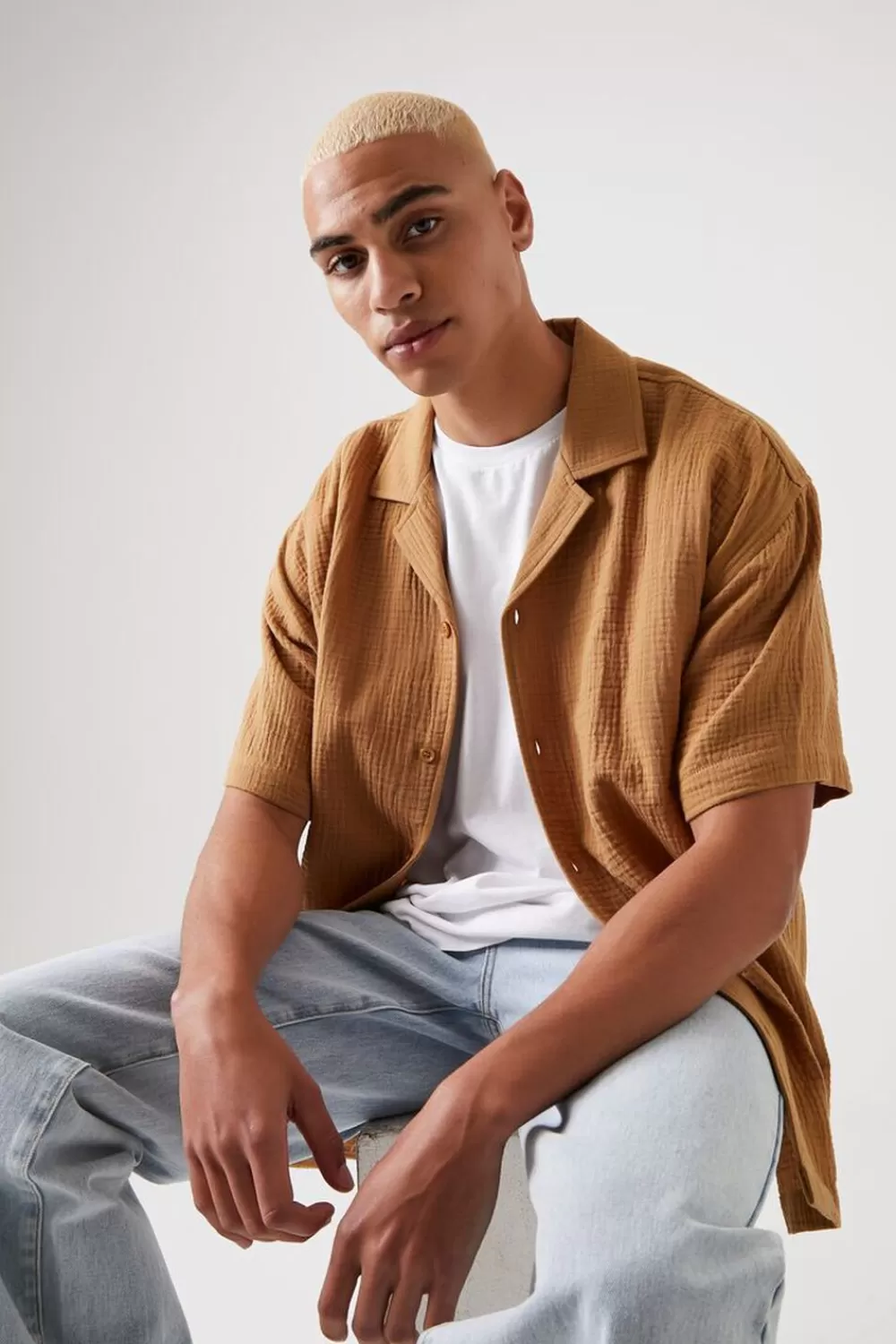 Tops>Forever 21 Seersucker Drop-Sleeve Shirt Light Brown