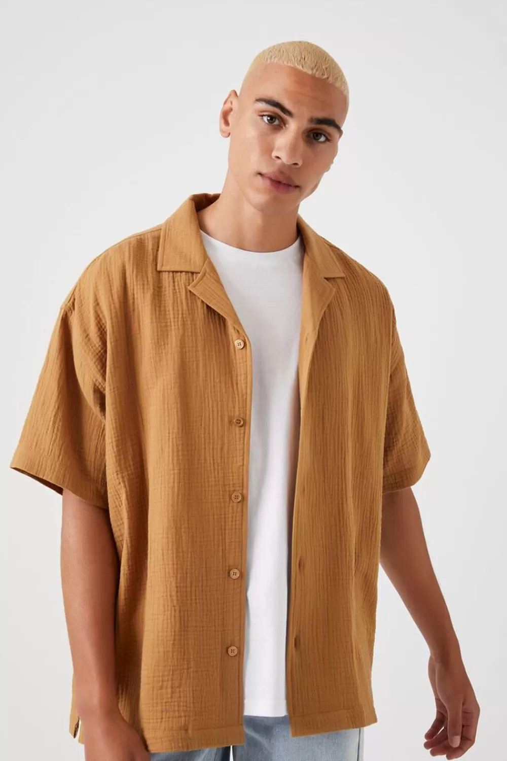 Tops>Forever 21 Seersucker Drop-Sleeve Shirt Light Brown