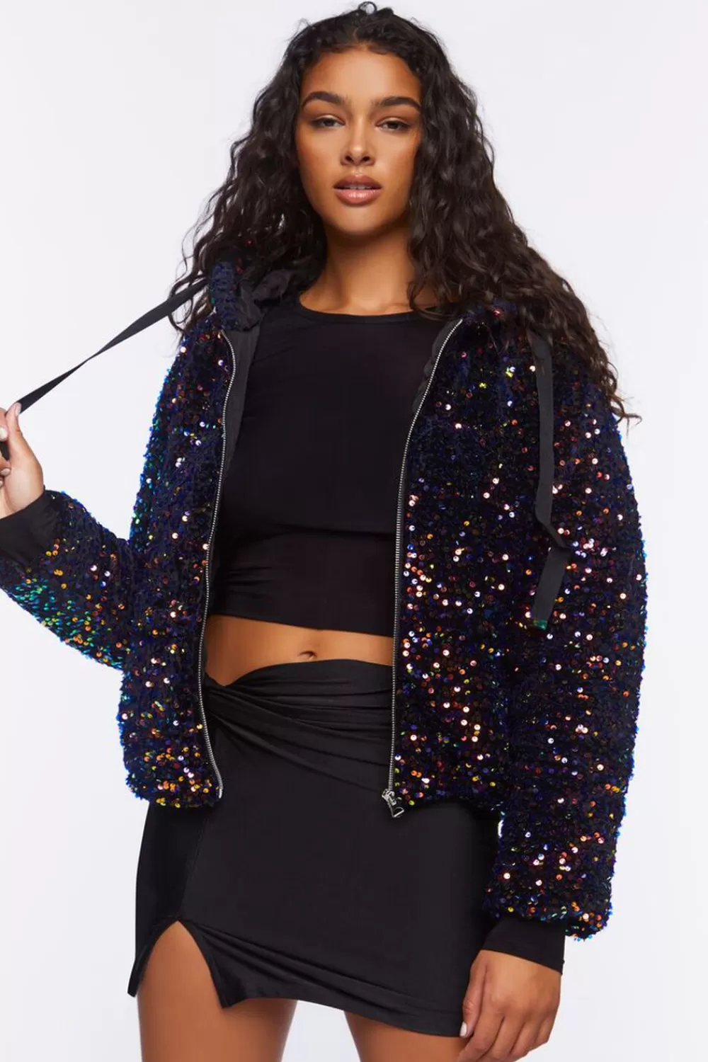 Jackets + Outerwear>Forever 21 Sequin Hood Puffer Jacket Black/Multi