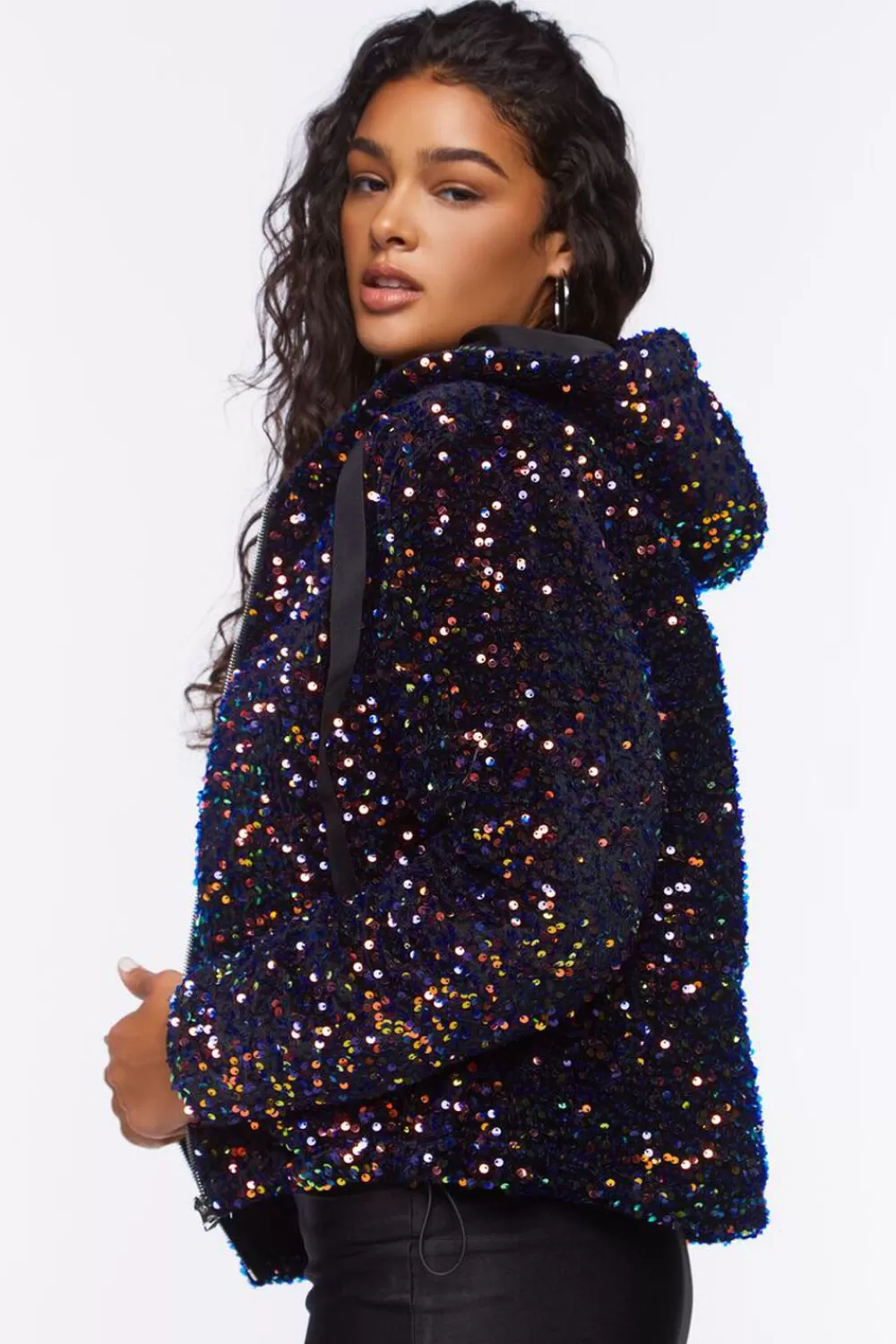Jackets + Outerwear>Forever 21 Sequin Hood Puffer Jacket Black/Multi
