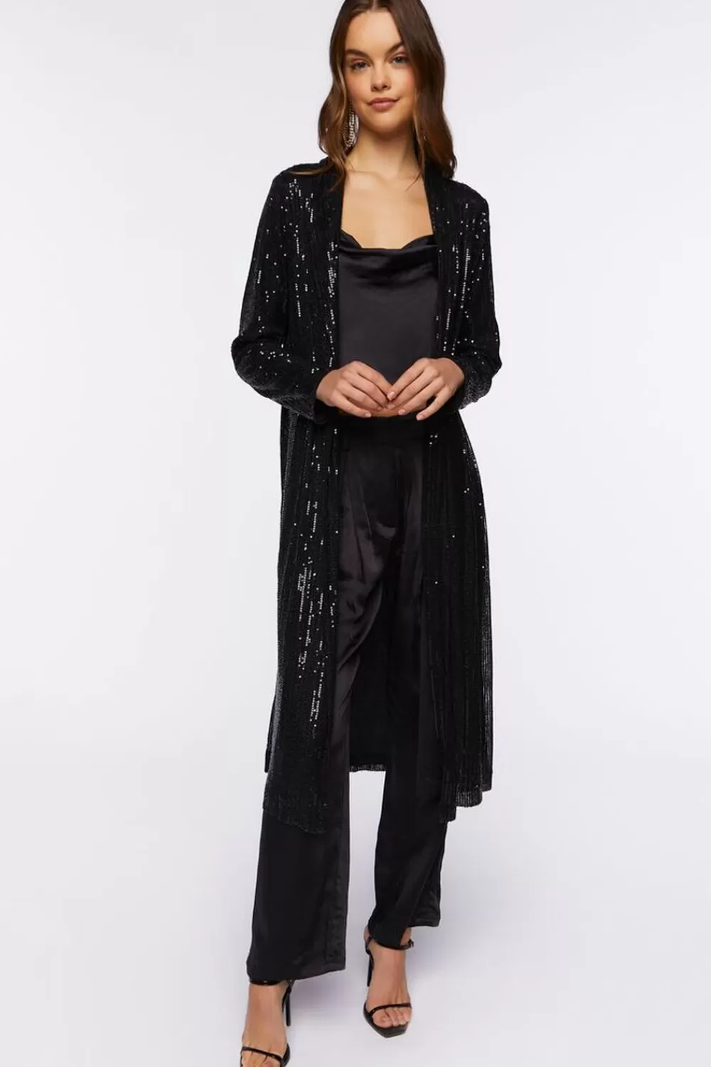 Jackets + Outerwear>Forever 21 Sequin Open-Front Kimono Black