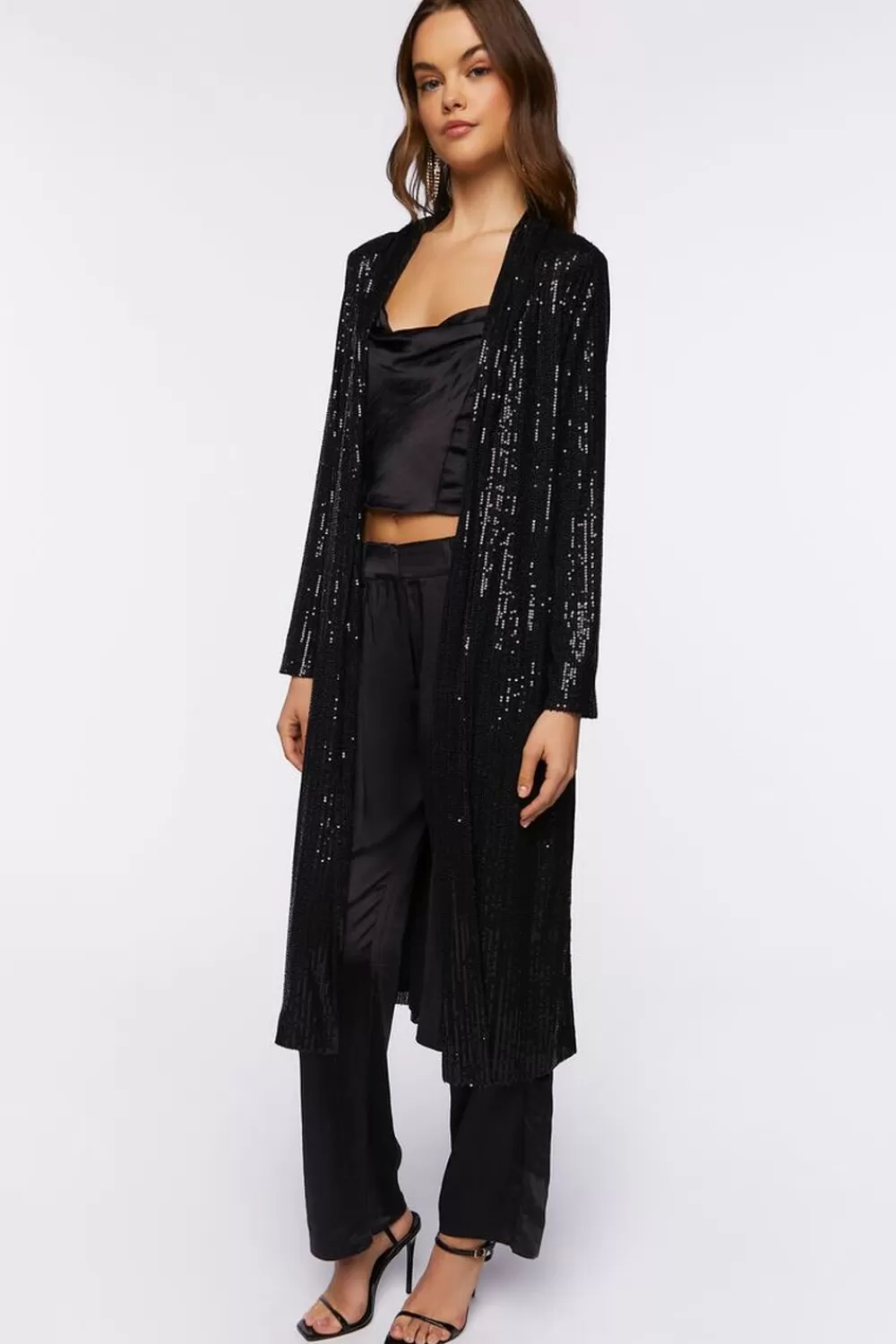 Jackets + Outerwear>Forever 21 Sequin Open-Front Kimono Black