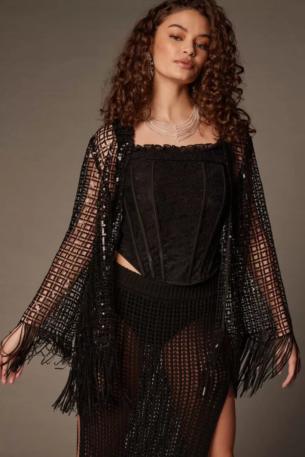 Jackets + Outerwear>Forever 21 Sequin Open-Knit Fringe Kimono Black
