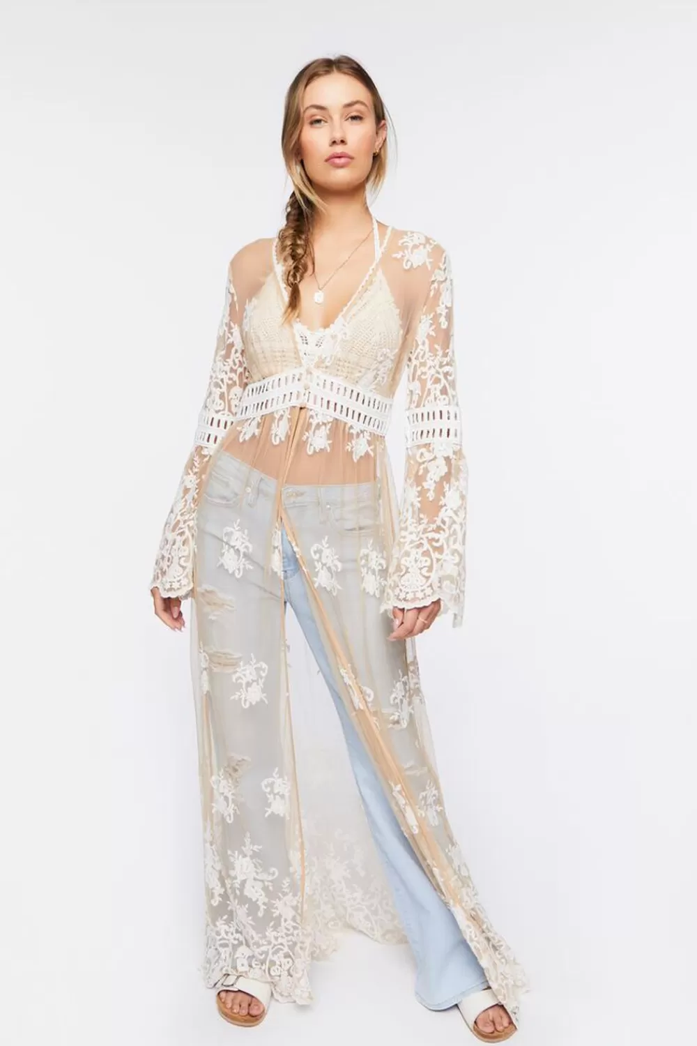 Jackets + Outerwear>Forever 21 Sheer Crochet Lace Kimono Nude/Cream