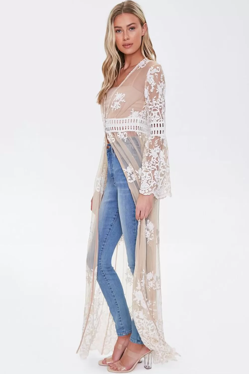 Jackets + Outerwear>Forever 21 Sheer Crochet Lace Kimono Nude/Cream
