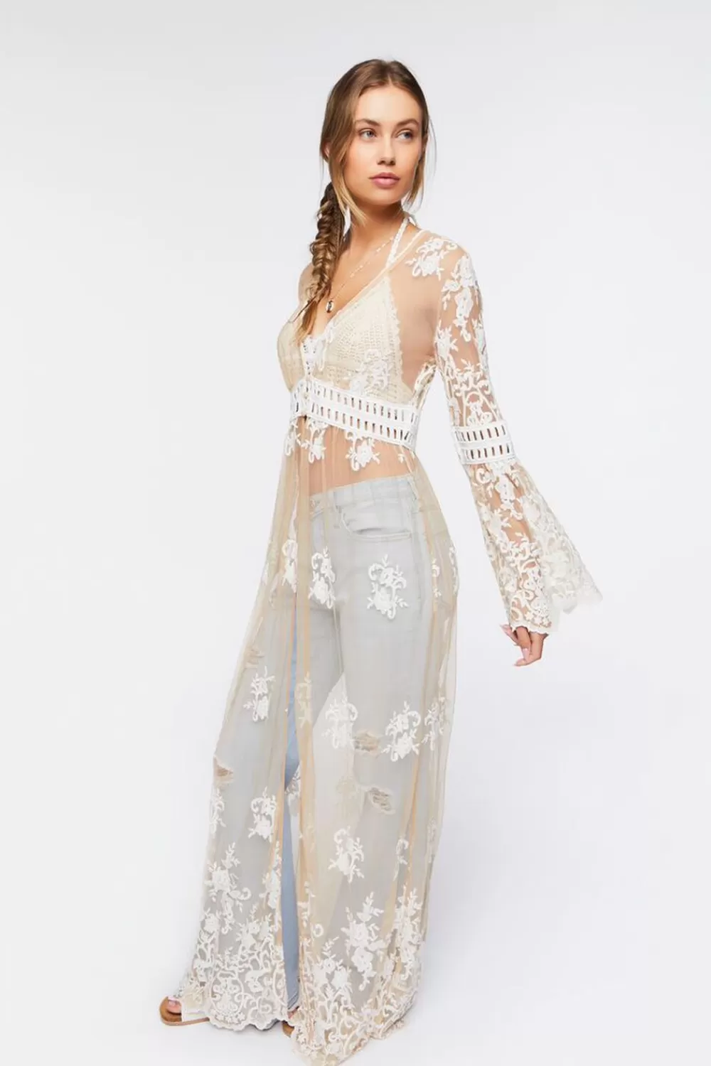 Jackets + Outerwear>Forever 21 Sheer Crochet Lace Kimono Nude/Cream