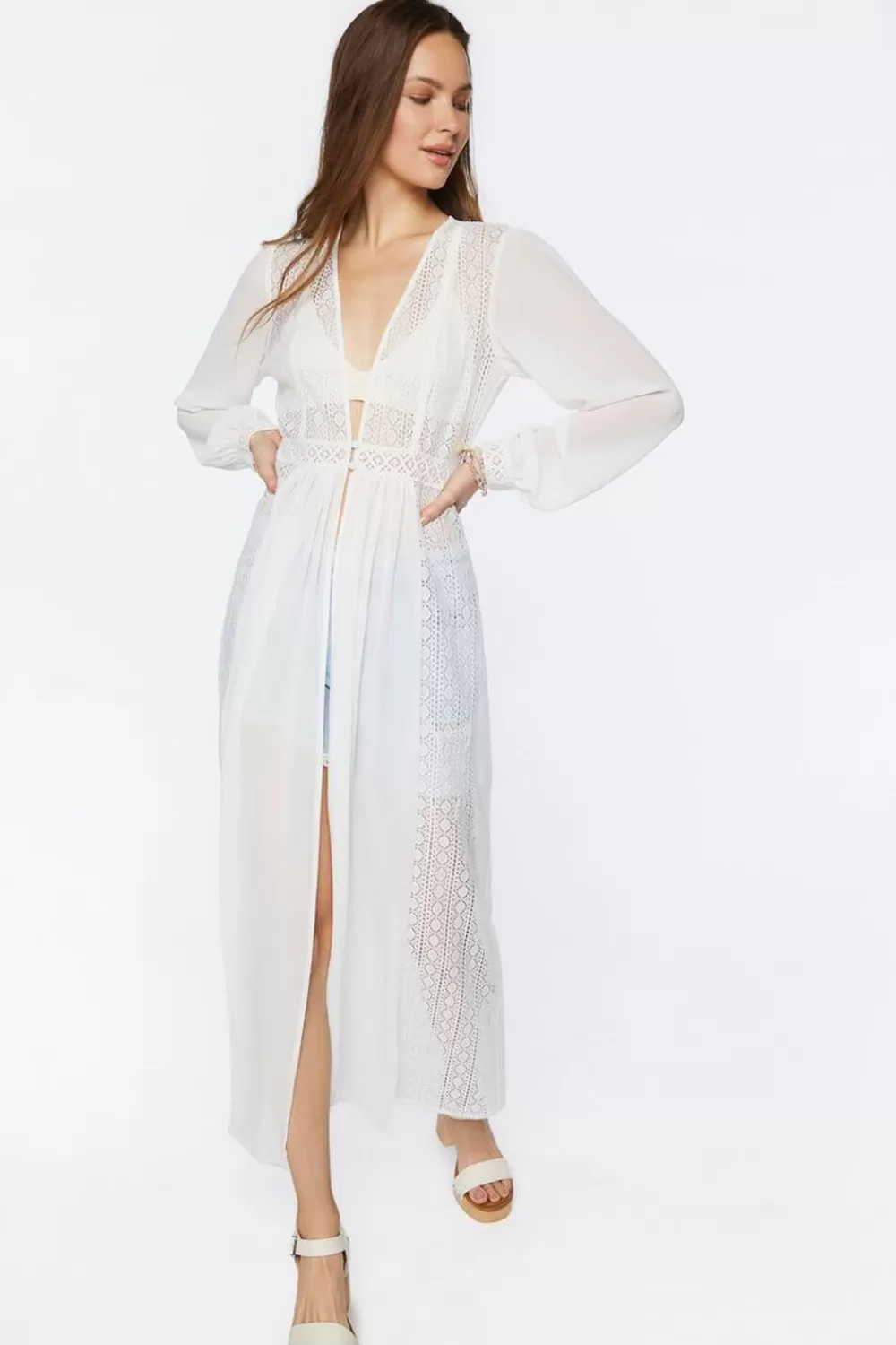 Jackets + Outerwear>Forever 21 Sheer Lace Duster Jacket White