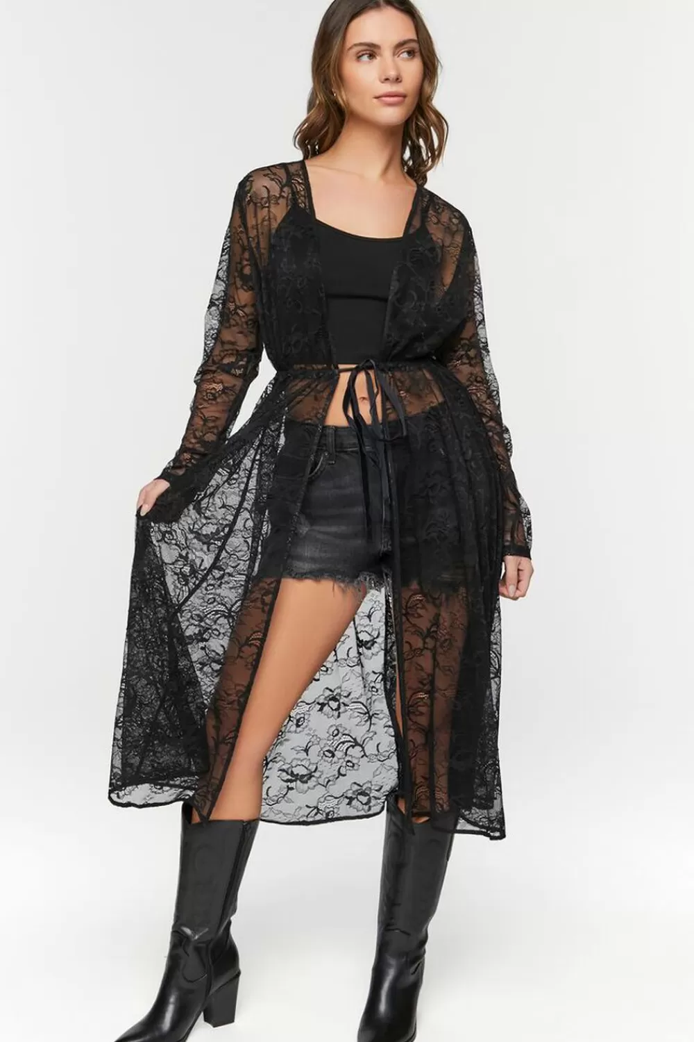 Jackets + Outerwear>Forever 21 Sheer Lace Longline Jacket Black