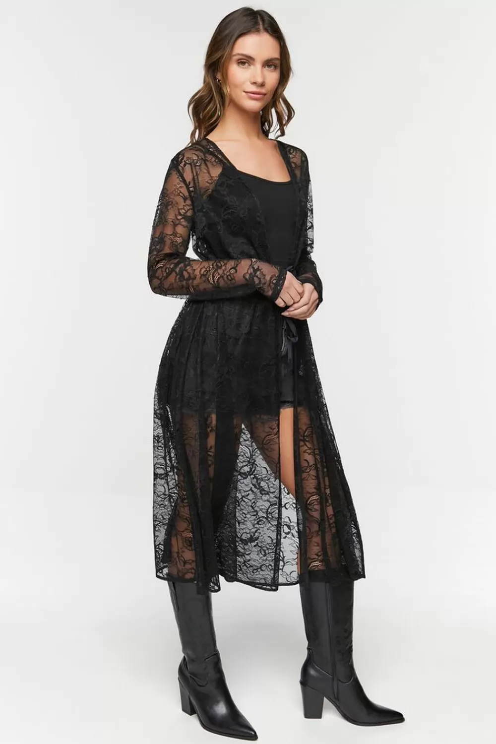 Jackets + Outerwear>Forever 21 Sheer Lace Longline Jacket Black