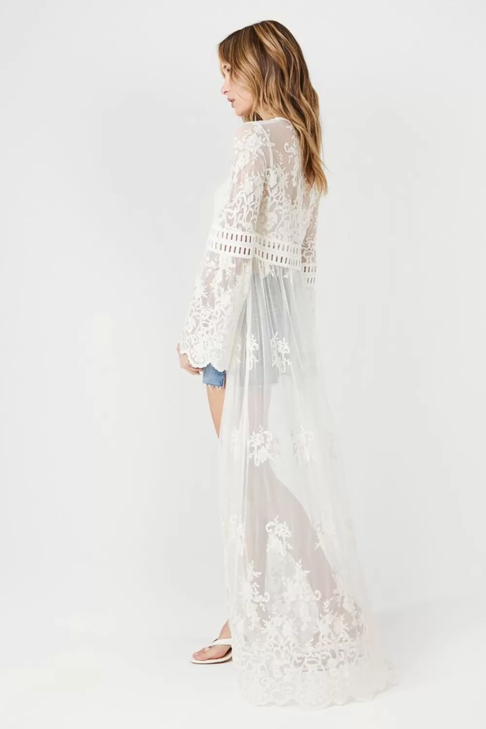 Jackets + Outerwear>Forever 21 Sheer Lace Open-Front Kimono Vanilla