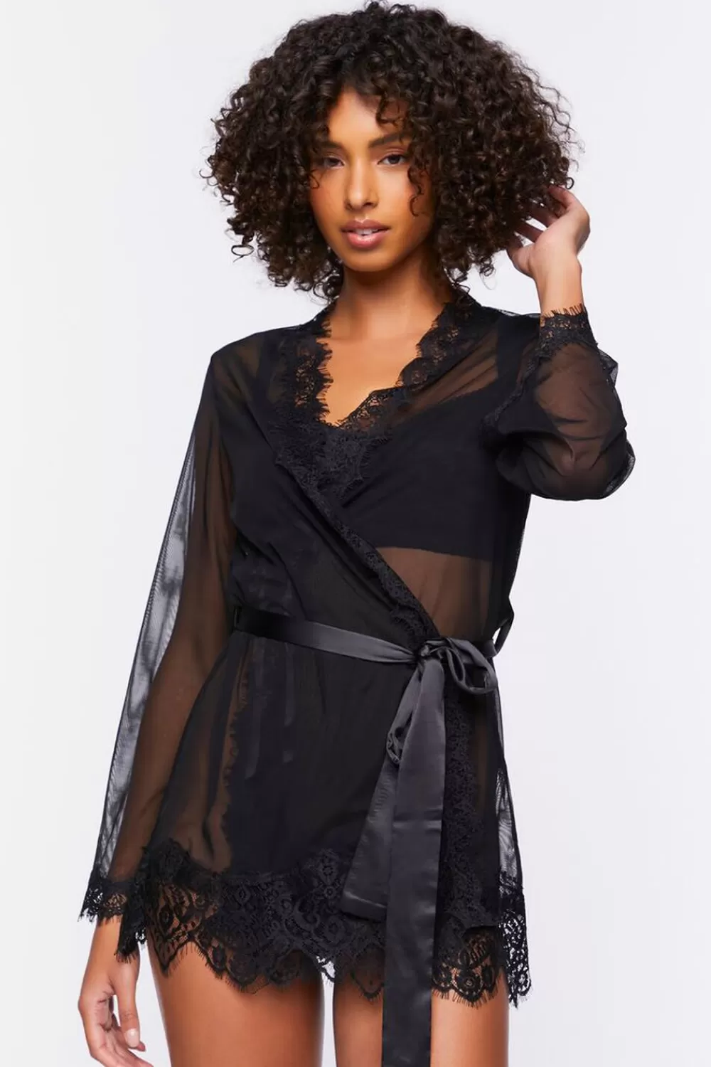 Loungewear>Forever 21 Sheer Lace-Trim Lingerie Robe Black