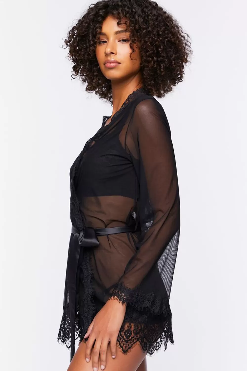 Loungewear>Forever 21 Sheer Lace-Trim Lingerie Robe Black