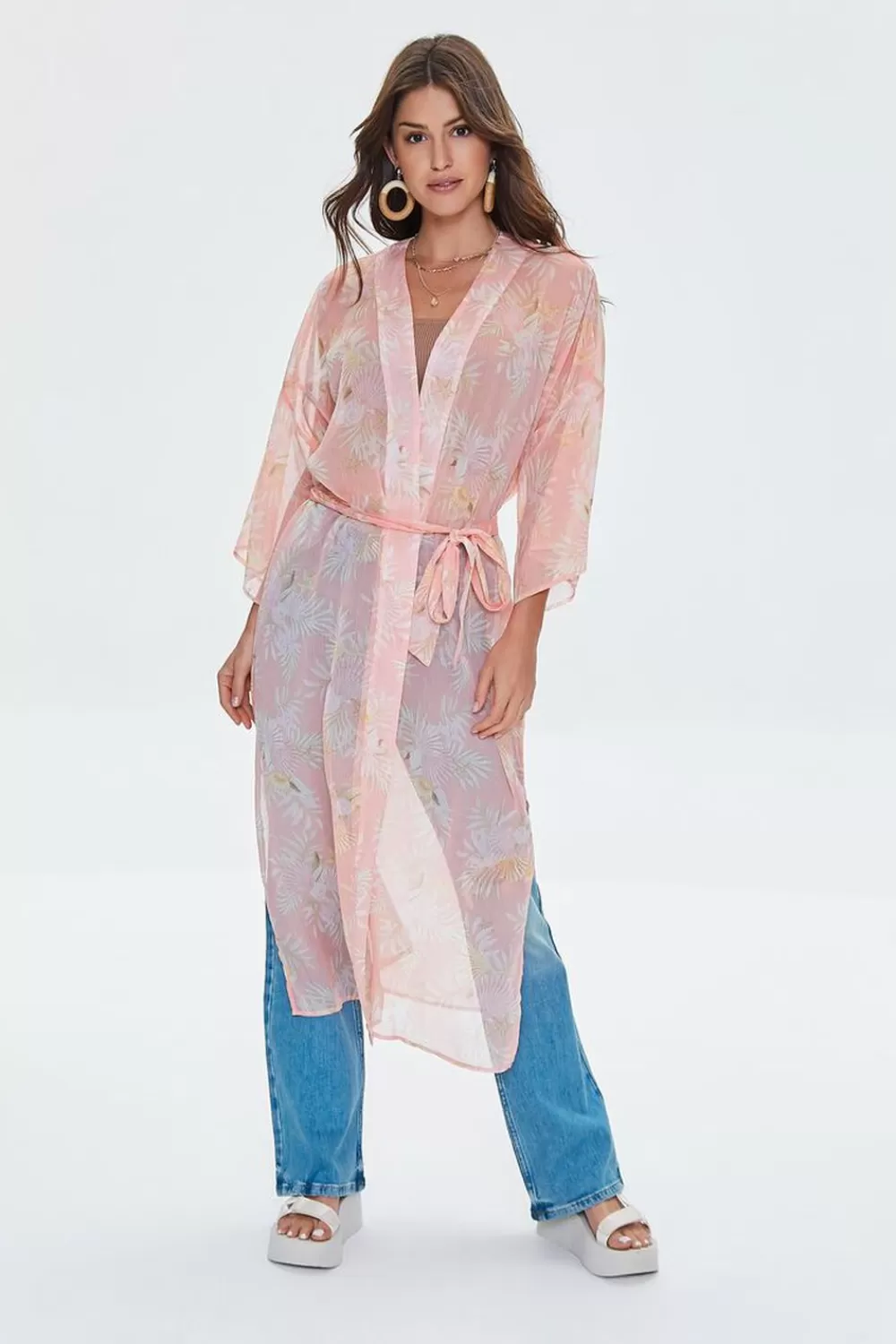 Jackets + Outerwear>Forever 21 Sheer Seashell Print Kimono Peach /Multi