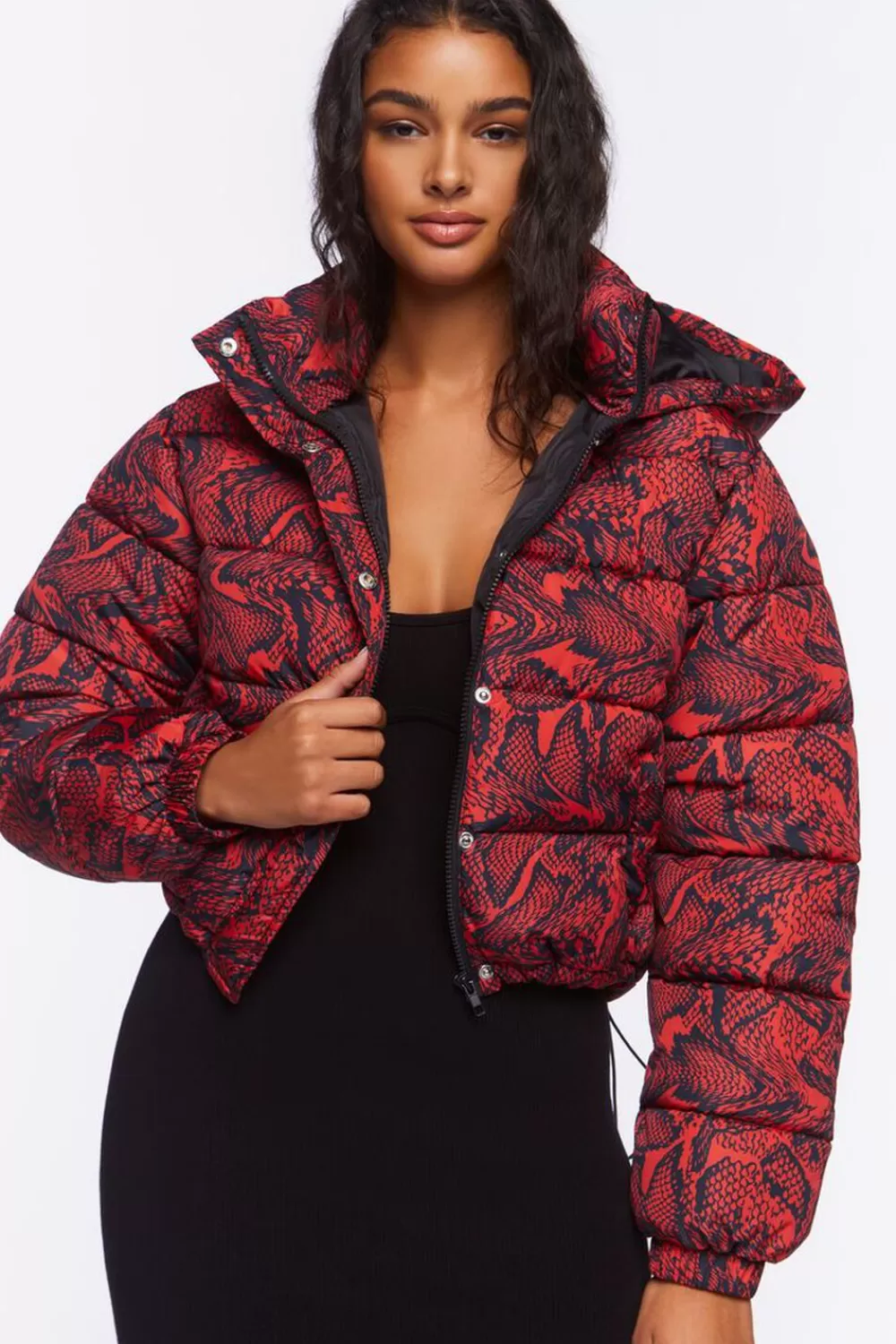 Jackets + Outerwear>Forever 21 Snake Print Hooded Puffer Jacket Red/Black