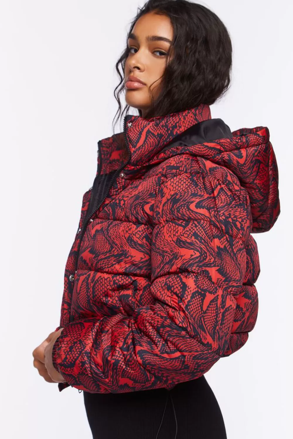 Jackets + Outerwear>Forever 21 Snake Print Hooded Puffer Jacket Red/Black