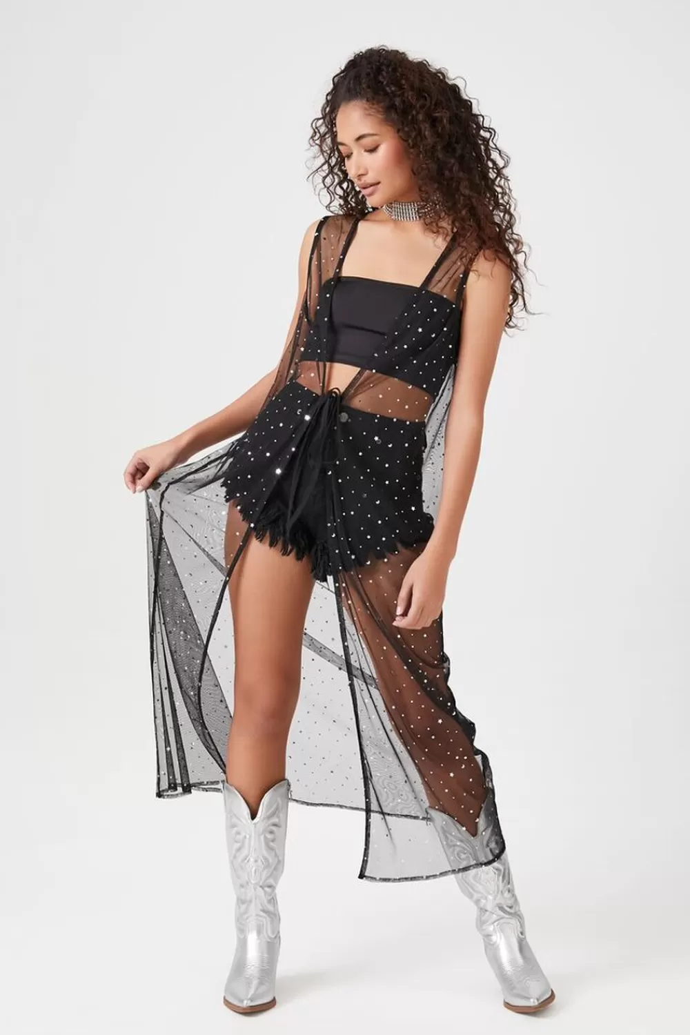 Jackets + Outerwear>Forever 21 Star Mesh Sleeveless Kimono Black