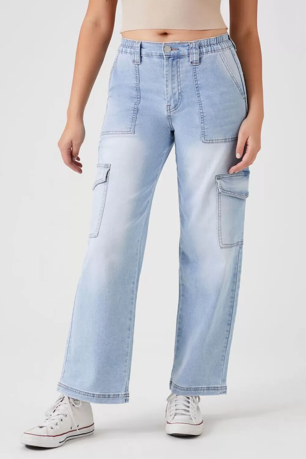 Bottoms>Forever 21 Straight-Leg Denim Cargo Pants Light Denim