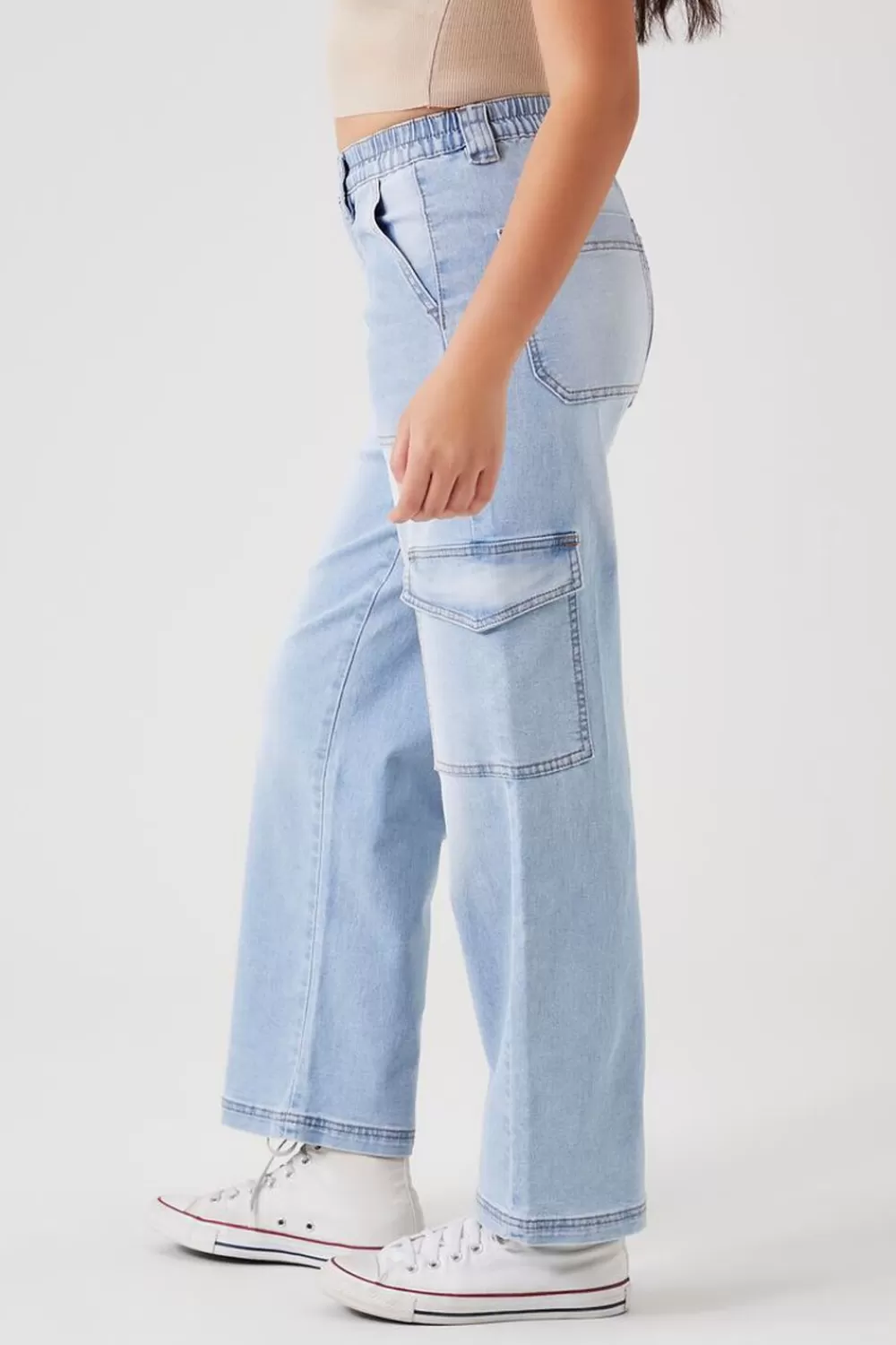 Bottoms>Forever 21 Straight-Leg Denim Cargo Pants Light Denim