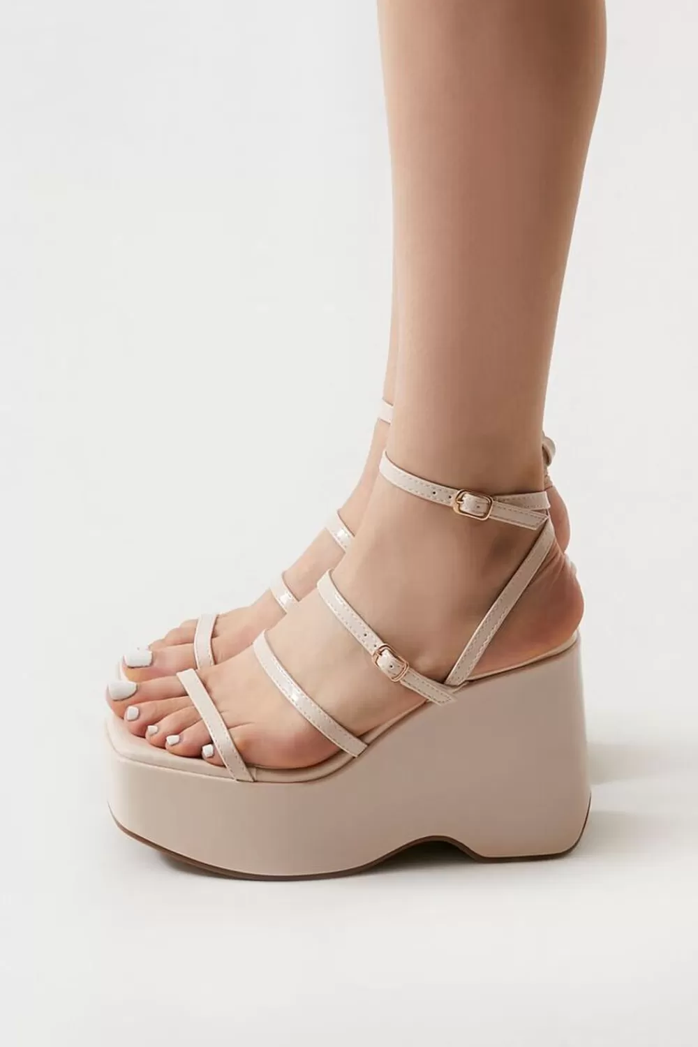 Wedges + Platforms>Forever 21 Strappy Platform Wedges Cream
