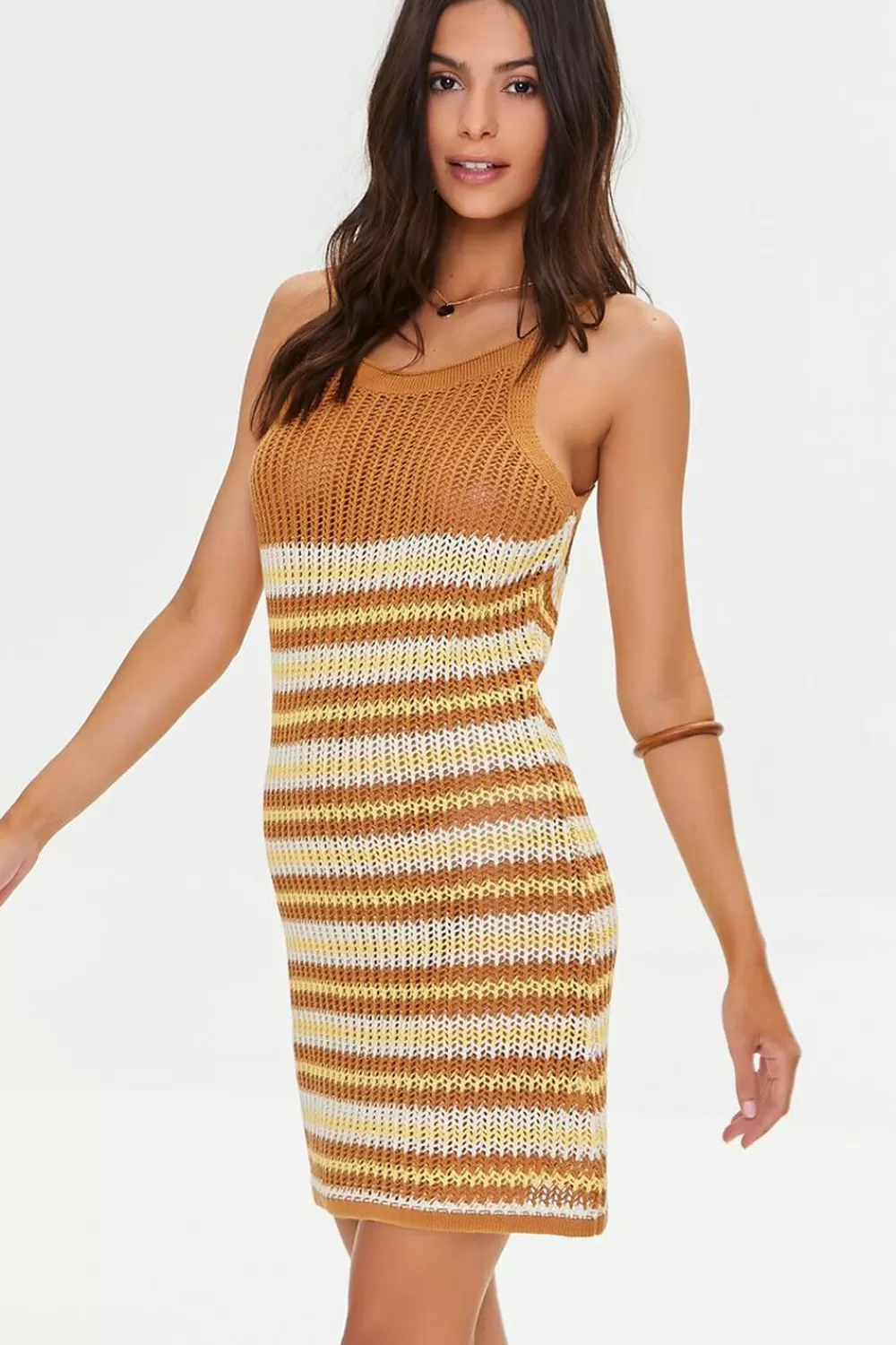 Dresses>Forever 21 Striped Crochet Mini Dress Tan/Multi