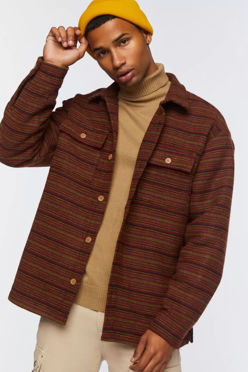Tops>Forever 21 Striped Long-Sleeve Shirt Burgundy/Multi