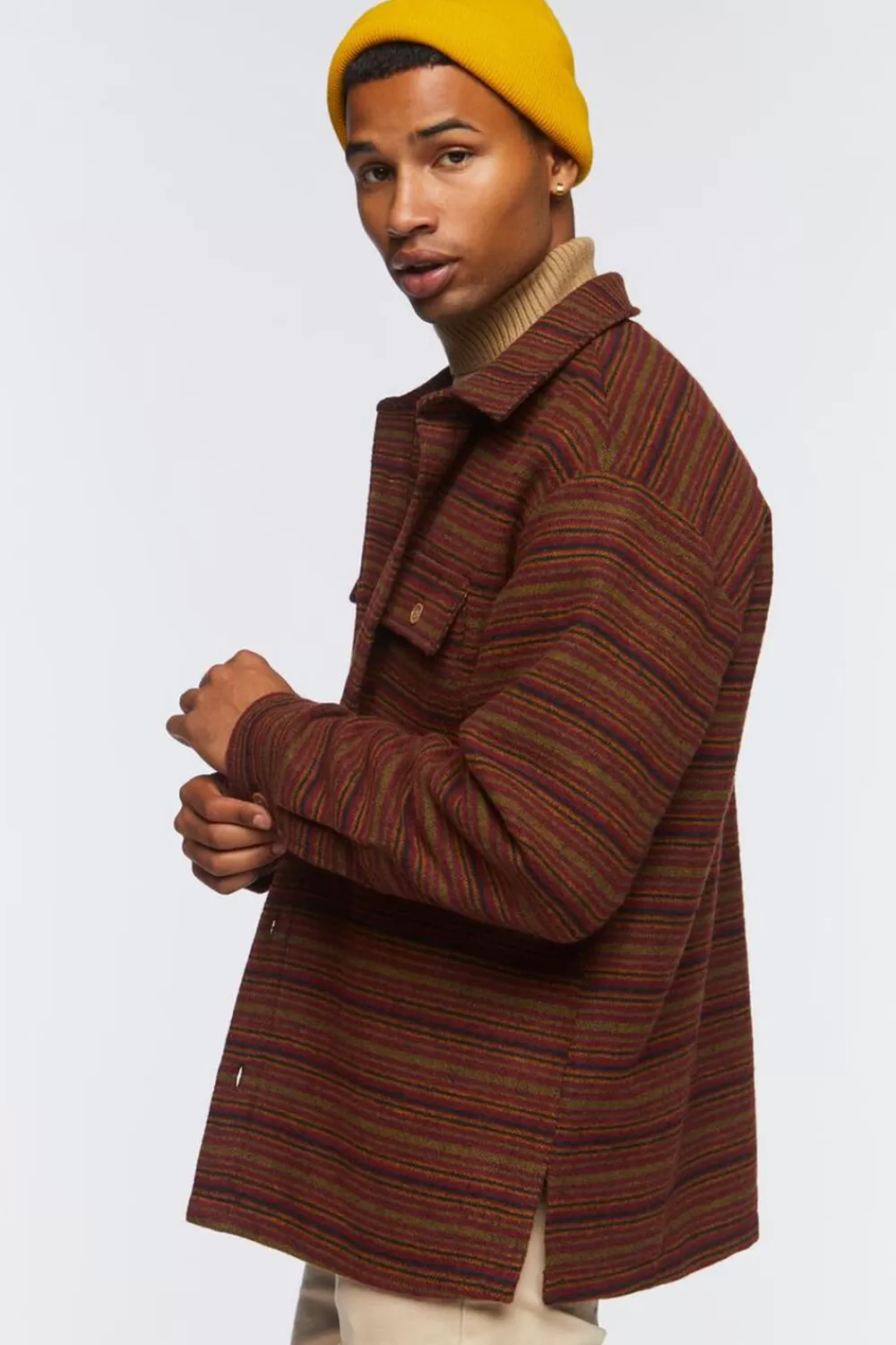 Tops>Forever 21 Striped Long-Sleeve Shirt Burgundy/Multi