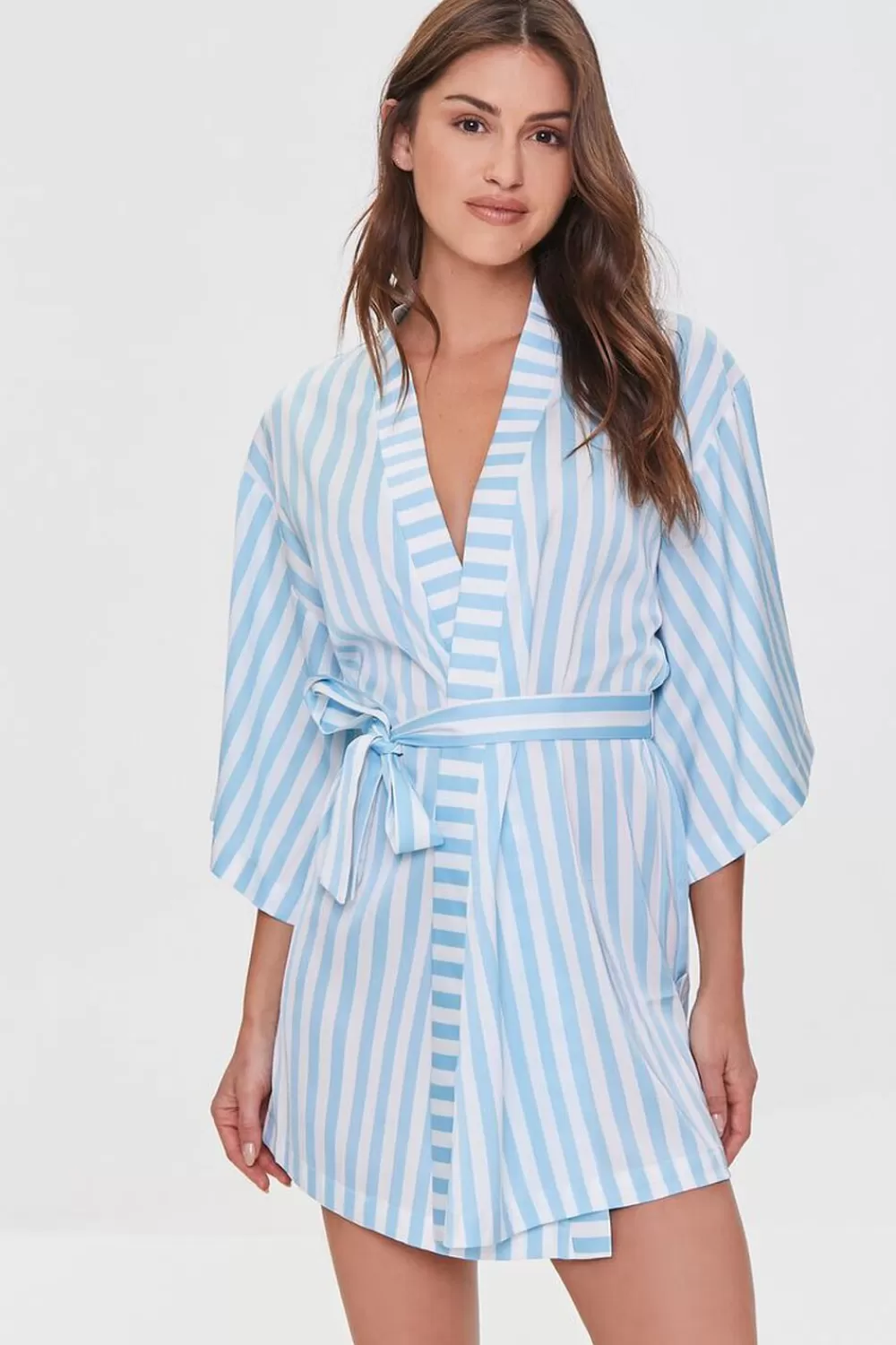 Loungewear>Forever 21 Striped Satin Robe Ivory/Sky Blue