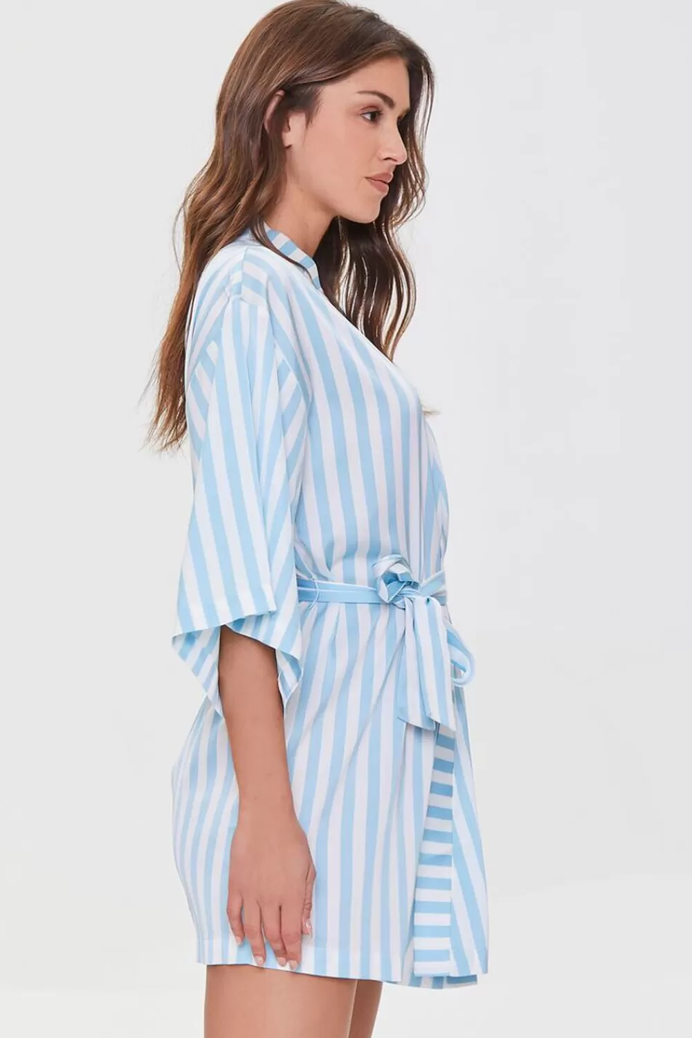 Loungewear>Forever 21 Striped Satin Robe Ivory/Sky Blue