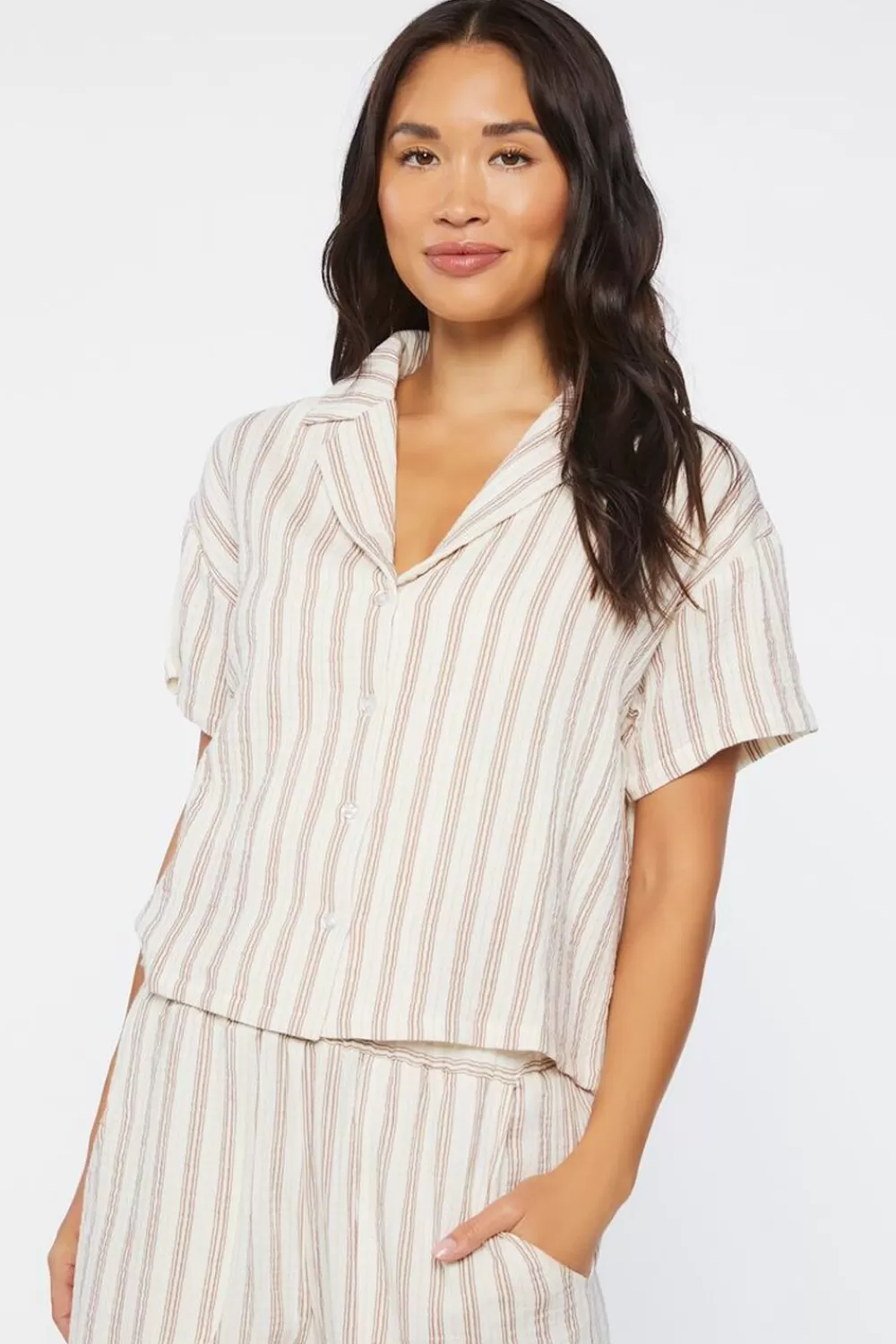 Loungewear>Forever 21 Striped Shirt & Short Pajama Set White/Multi