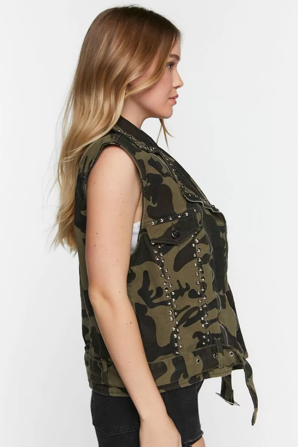 Jackets + Outerwear>Forever 21 Studded Camo Denim Moto Vest Olive/Multi