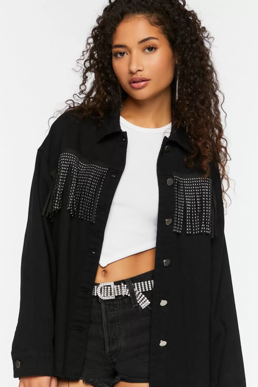 Jackets + Outerwear>Forever 21 Studded Fringe Trucker Jacket Black