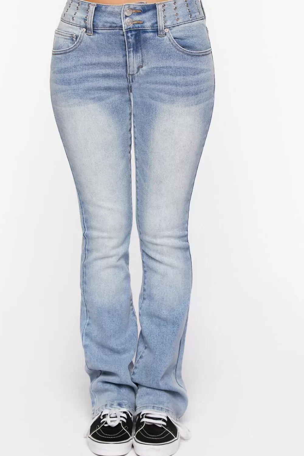 Bottoms>Forever 21 Studded Mid-Rise Bootcut Jeans Light Denim