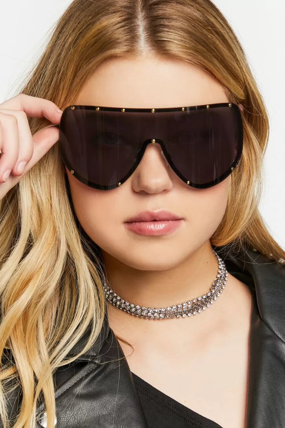 Sunglasses + Readers>Forever 21 Studded Shield Sunglasses Black/Black