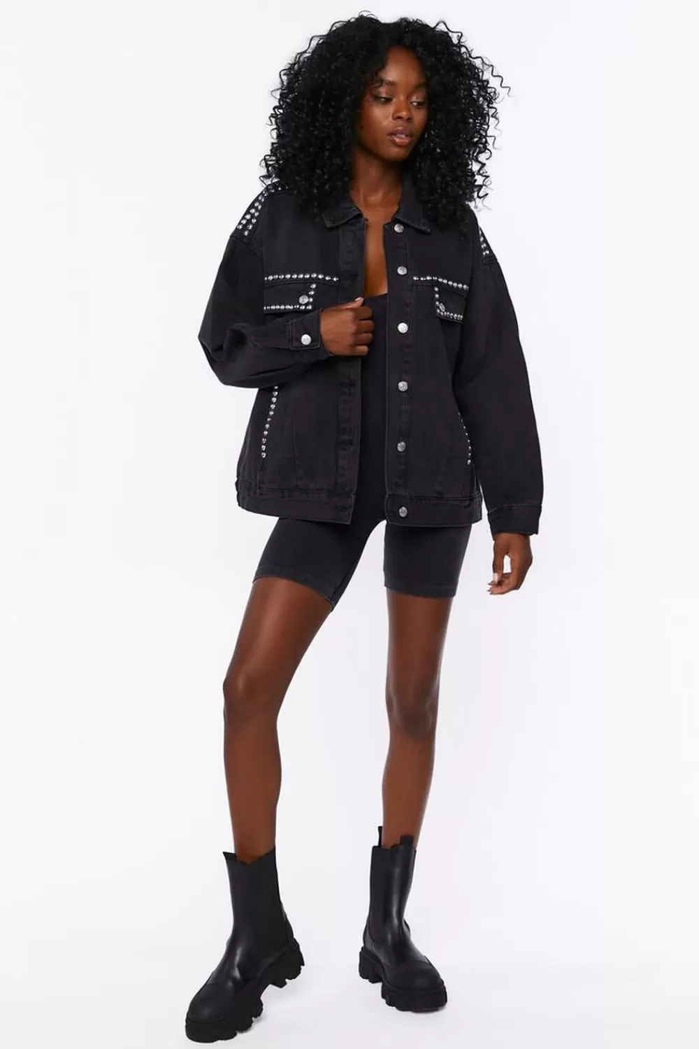 Jackets + Outerwear>Forever 21 Studded Trucker Jacket Black