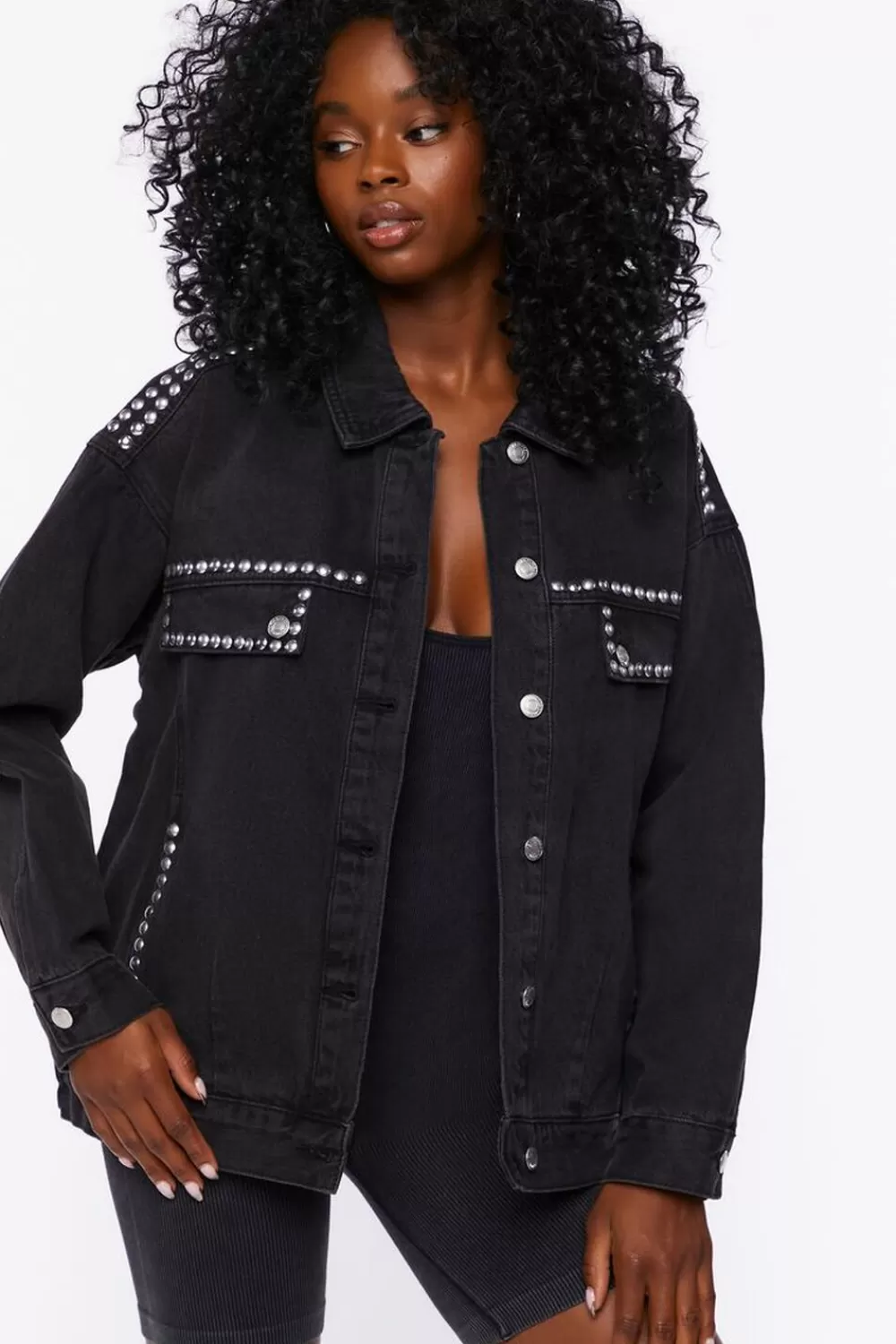 Jackets + Outerwear>Forever 21 Studded Trucker Jacket Black