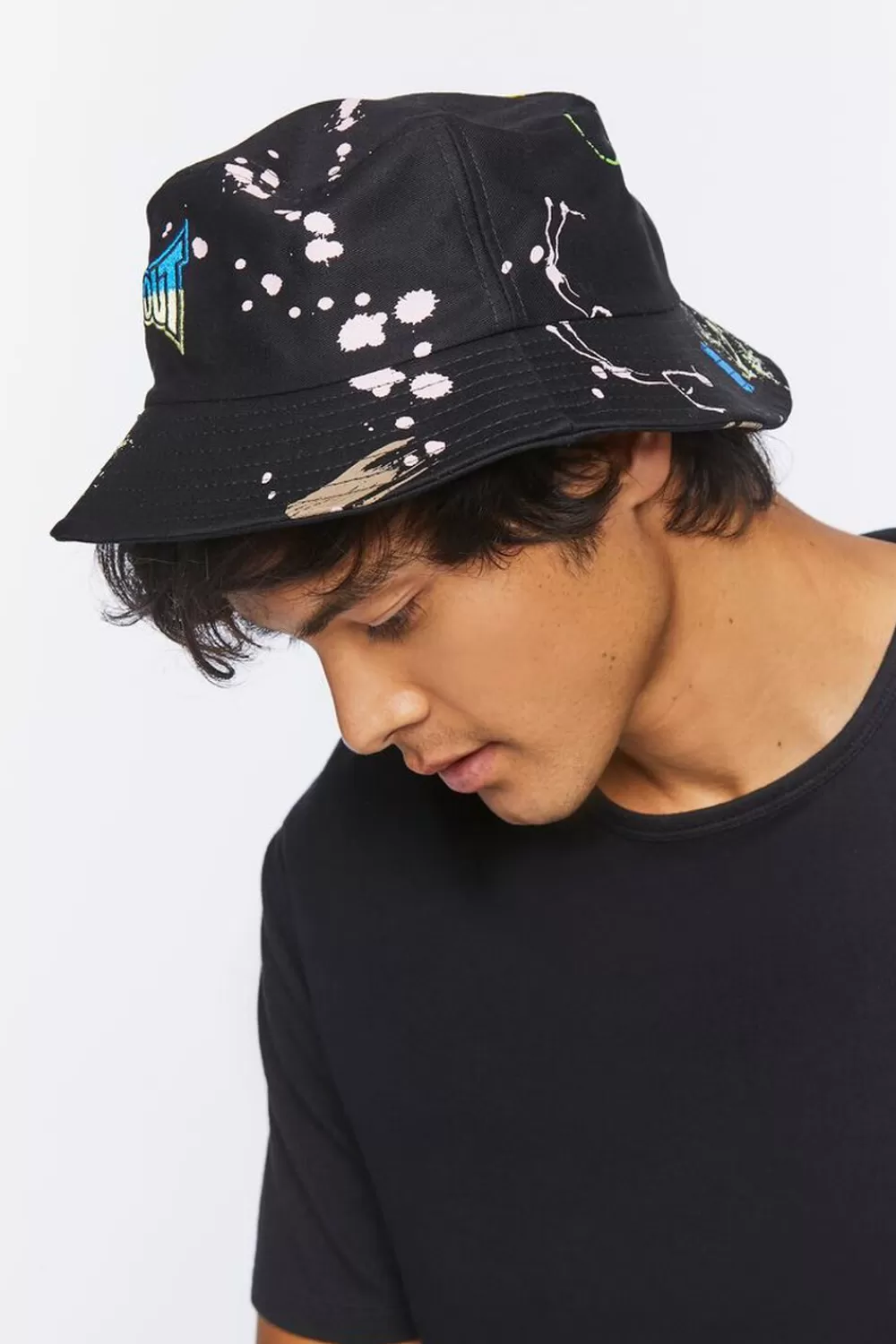 Hats + Beanies>Forever 21 Tapout Paint Splatter Embroidered Bucket Hat Black/Multi