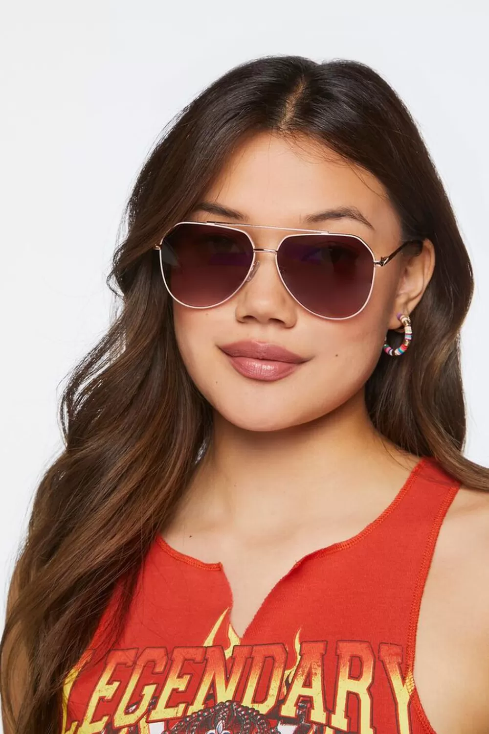 Sunglasses + Readers>Forever 21 Tinted Aviator Sunglasses Rose Gold/Plum
