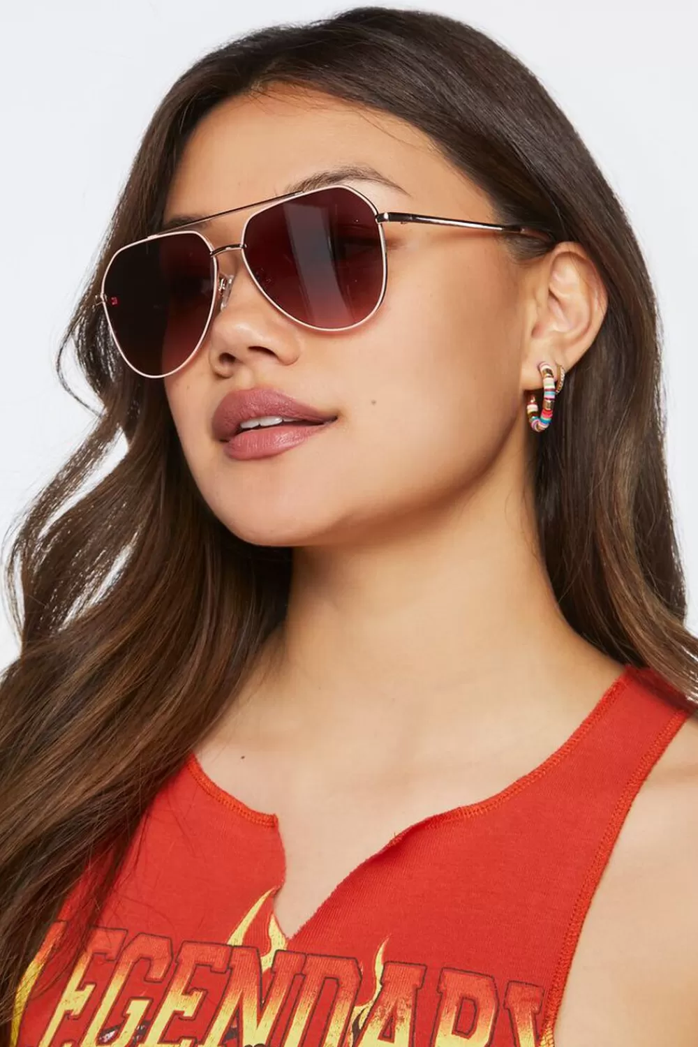 Sunglasses + Readers>Forever 21 Tinted Aviator Sunglasses Rose Gold/Plum