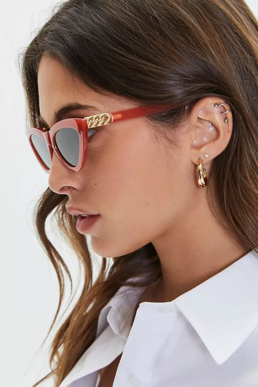 Sunglasses + Readers>Forever 21 Tinted Cat-Eye Chain Sunglasses Red/Olive