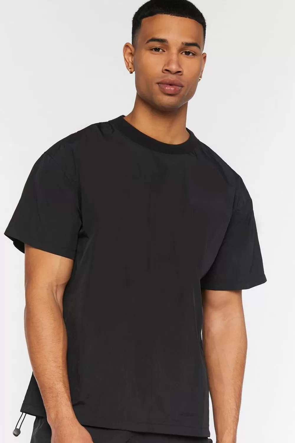 Tops>Forever 21 Toggle Drawstring Woven Crew Neck Tee Black
