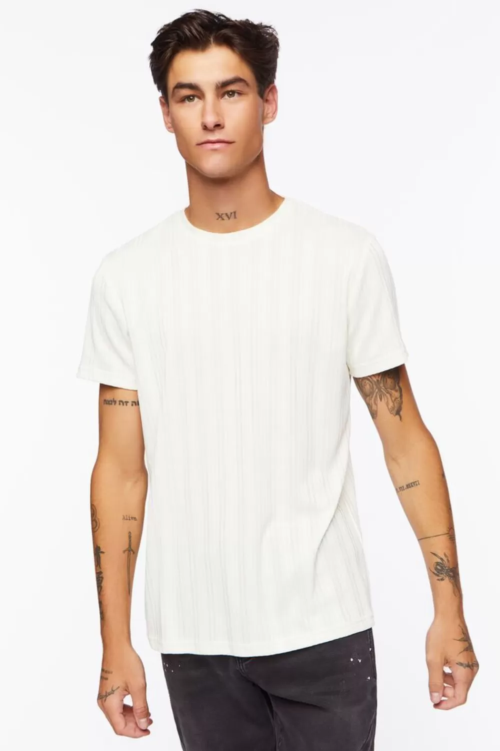 Tops>Forever 21 Tonal Striped Crew Tee Cream