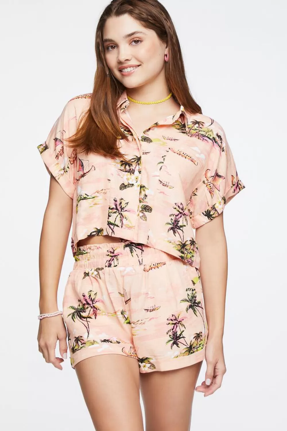Matching Sets>Forever 21 Tropical Print High-Rise Shorts Light Pink/Multi